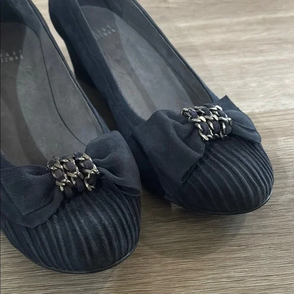 Stuart Weitzman Black Chain Bow Suede Wedges - Picture 2 of 10